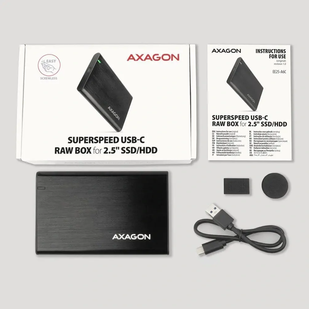 AXAGON EE25-A6C, screwless RAW alu box 2.5" HDD/SSD, SuperSpeed USB-C 5 Gbps