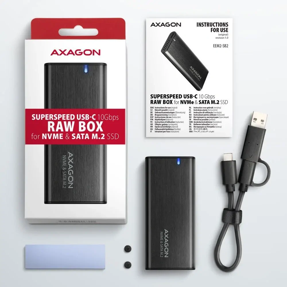 AXAGON EEM2-SG2, M.2 NVMe & SATA screwless RAW box, gray, SuperSpeed USB-C 10 Gbps