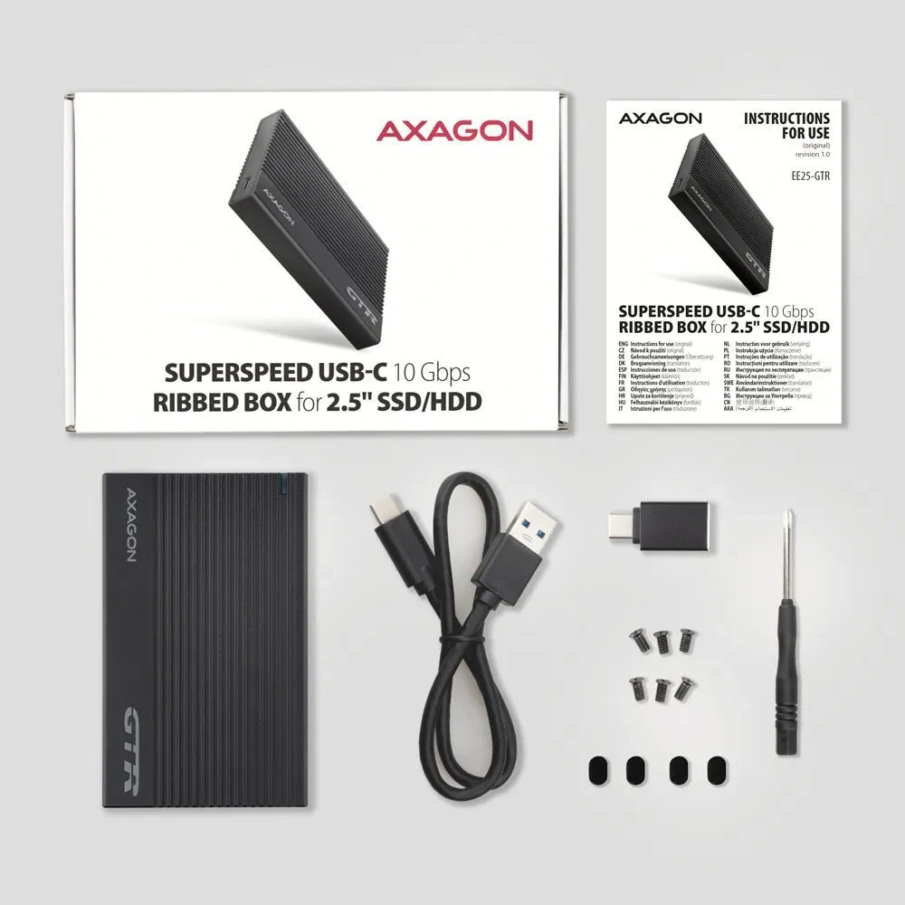 AXAGON EE25-GTR, RIBBED box 2.5" HDD/SSD, USB-C 10 Gbps